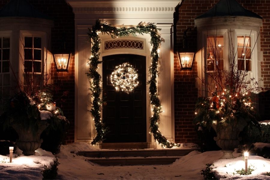 Ideas for Christmas Front Door Decorations glistening garland and wreath duo